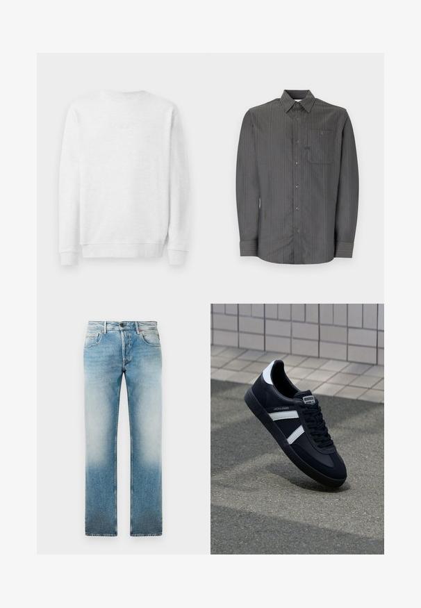 Weißes Sweatshirt mit Rundhalsausschnitt, gerippten Bündchen und Saum. Dezenter gestickter Logo auf der Vorderseite. Glattes Baumwollmischgewebe.; Grau gestreiftes Langarmhemd mit Button-Down-Kragen und Brusttasche, ausgestattet mit kleinen Knöpfen und einem strukturierten Stoff.; Helle blaue Denim-Jeans mit geradem Bein, in faded Waschung, fünf Taschen und einem Knopfverschluss am Bund.; Schwarze Leder-Sneaker mit weißen Streifen, strukturiertem Gummisohle und Schnürung. Verfügt über ein Markenetikett auf der Zunge.