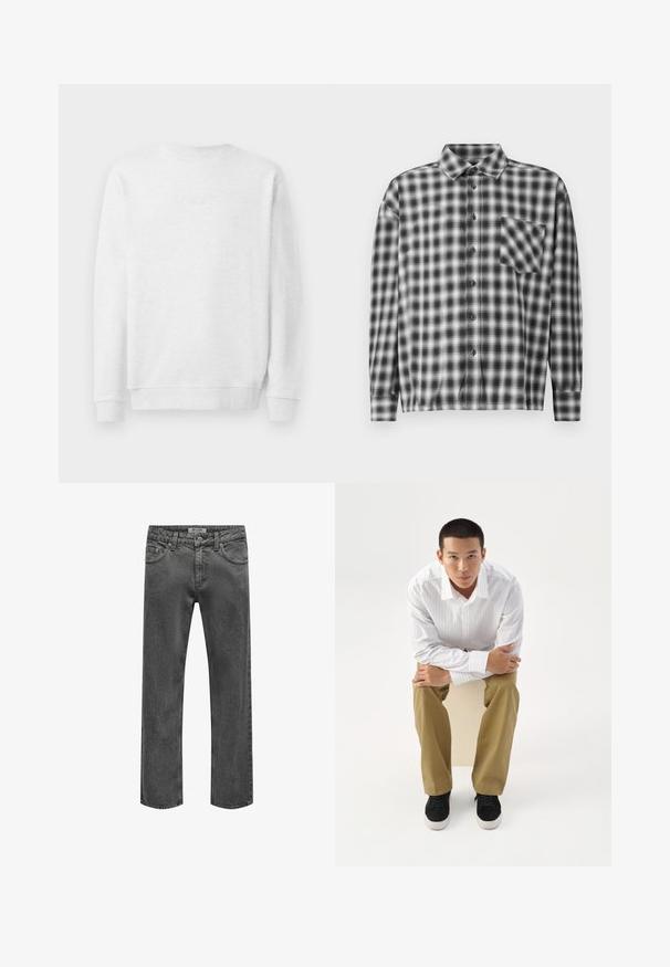 Sweatshirt blanc avec col rond, poignets et ourlet côtelés. Logo brodé subtil à l'avant. Tissu en mélange de coton doux.; Chemise à manches longues à carreaux noir et blanc en tissu doux, présentant un devant à boutons et une poche poitrine. Conception à col avec coupe décontractée.; Jean droit pour homme en denim gris foncé avec fermeture avant à bouton et zip, passants de ceinture et design classique à cinq poches.; Jeune homme en chemise blanche rayée et pantalon kaki assis penché en avant sur un tabouret, bras croisés, regardant droit devant sur un fond blanc.
