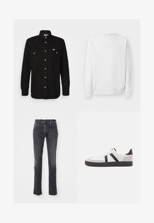 Weißes Sweatshirt mit Rundhalsausschnitt, gerippten Bündchen und Saum. Dezenter gestickter Logo auf der Vorderseite. Glattes Baumwollmischgewebe.; Schwarzes Button-Up-Hemd mit spitzem Kragen, zwei Brusttaschen, weißen Druckknöpfen und strukturiertem Stoff. Wrangler-Logo auf der linken Brust.; Dunkelgraue Jeans aus Denim mit geradem Bein, subtiler Ausbleichung und fünf Taschen. Verfügt über einen Knopf- und Reißverschluss.; Weiße Sneaker mit schwarz- und grau-aczenten, ausgestattet mit einer strukturierten grauen Zehenkappe, schwarzer Gummi-Sohle und flachen weißen Schnürsenkeln. Sauberes Design, minimalistische Stil.