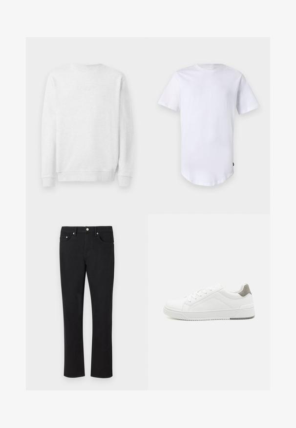 Witte sweatshirt met ronde hals, geribde mouwen en onderrand. Subtiel geborduurd logo op de voorkant. Gladde katoenmix stof.; Witte katoenen t-shirt met korte mouwen. Rond de hals ontwerp met een gebogen zoom. Label zichtbaar aan de onderste linkerzijde. Gladde textuur.; Zwarte denim jeans met een recht model, voorzien van vijf zakken en zilveren hardware met een gladde textuur. Geen patronen of accenten.; Witte sneaker van glad leer met een ronde neus, minimalistisch ontwerp, grijze hielaccent en een geplaatste rubberen zool.