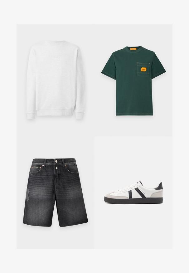Weißes Sweatshirt mit Rundhalsausschnitt, gerippten Bündchen und Saum. Dezenter gestickter Logo auf der Vorderseite. Glattes Baumwollmischgewebe.; Grünes Baumwoll-T-Shirt mit rundem Ausschnitt, kurzen Ärmeln und einer frontalen Tasche mit einem orangefarbenen Etikett. Kontrastnähte sind sichtbar.; Schwarze Denim-Shorts mit einem sanften Used-Look, ausgestattet mit fünf Taschen, kupferfarbenen Beschlägen und einem geraden Bein-Schnitt.; Weiße Sneaker mit schwarz- und grau-aczenten, ausgestattet mit einer strukturierten grauen Zehenkappe, schwarzer Gummi-Sohle und flachen weißen Schnürsenkeln. Sauberes Design, minimalistische Stil.
