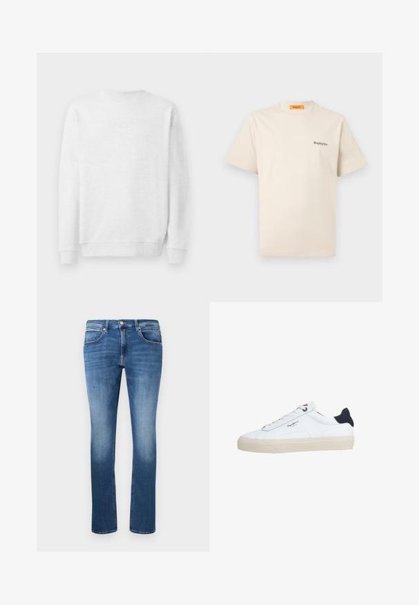 Biely sveter s crew neckom, rebrovanými manžetami a lemom. Diskrétny vyšívaný logotyp na prednej strane. Hladká textília z bavlneného zmesi.; Replay Inc. ESSENTIAL LOGO UNISEX - Základné tričko - ivory; Modré denimové džínsy s rovný strihom, so svetlým vyblednutím, piatimi vreckami a zapínaním na gombík a zips. Šité detaily pozdĺž švov.; Biela nízka športová obuv s béžovou podrážkou, bielymi šnúrkami, čiernou pätovou záložkou a logom "Pepe Jeans London" na boku.