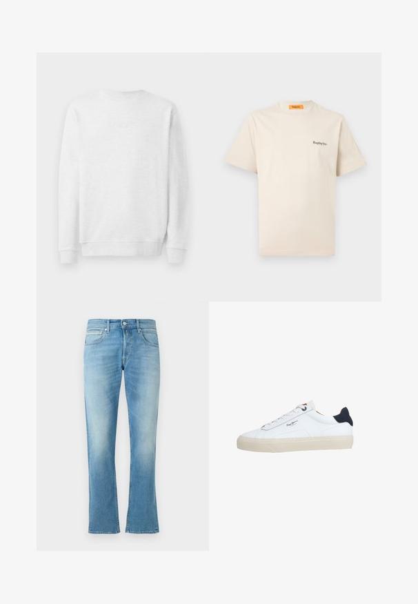 Sweatshirt blanc avec col rond, poignets et ourlet côtelés. Logo brodé subtil à l'avant. Tissu en mélange de coton doux.; Replay Inc. ESSENTIAL LOGO UNISEX - T-shirt basique - ivory; Jeans en denim bleu clair avec un design à jambe évasée, présentant une disposition classique à cinq poches et un système de fermeture à bouton. Texture lisse et décoloration subtile.; Baskets basses blanches avec semelle beige, lacets blancs, languette de talon noire et logo "Pepe Jeans London" sur le côté.