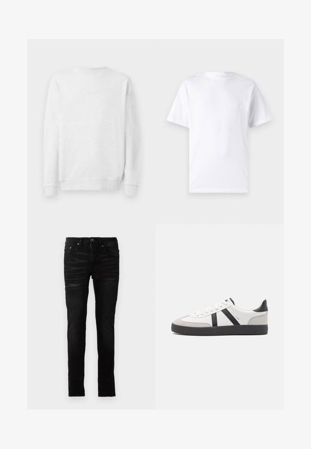 Weißes Sweatshirt mit Rundhalsausschnitt, gerippten Bündchen und Saum. Dezenter gestickter Logo auf der Vorderseite. Glattes Baumwollmischgewebe.; Weißes kurzärmeliges T-Shirt aus Baumwolle mit Rundhalsausschnitt, das eine glatte Textur und ein einfaches Design ohne Muster oder Akzente aufweist.; Schwarze Skinny-Jeans mit einer glatten Denim-Oberfläche, traditionellem Fünf-Taschen-Design, Reißverschluss und dezenten Ausbleichungen auf dem Stoff.; Weiße Sneaker mit schwarz- und grau-aczenten, ausgestattet mit einer strukturierten grauen Zehenkappe, schwarzer Gummi-Sohle und flachen weißen Schnürsenkeln. Sauberes Design, minimalistische Stil.