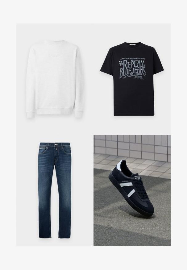 Weißes Sweatshirt mit Rundhalsausschnitt, gerippten Bündchen und Saum. Dezenter gestickter Logo auf der Vorderseite. Glattes Baumwollmischgewebe.; Schwarzes Baumwoll-T-Shirt mit kurzen Ärmeln und rundem Halsausschnitt, mit einem grafischen Textdesign im Vintage-Stil in Weiß und hellblau auf der Vorderseite.; Dunkelblaue Gerade geschnittene Jeans mit leichter Ausbleichung an den Oberschenkeln, fünf Taschen und einem metallenen Knopfverschluss an der Taille.; Schwarze Leder-Sneaker mit weißen Streifen, strukturiertem Gummisohle und Schnürung. Verfügt über ein Markenetikett auf der Zunge.