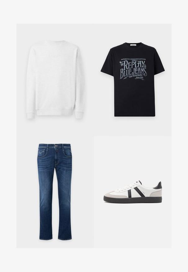 Weißes Sweatshirt mit Rundhalsausschnitt, gerippten Bündchen und Saum. Dezenter gestickter Logo auf der Vorderseite. Glattes Baumwollmischgewebe.; Schwarzes Baumwoll-T-Shirt mit kurzen Ärmeln und rundem Halsausschnitt, mit einem grafischen Textdesign im Vintage-Stil in Weiß und hellblau auf der Vorderseite.; Dunkelblaue Straight-Leg-Jeans mit vorderem Knopf, Reißverschluss und Fünf-Taschen-Design.; Weiße Sneaker mit schwarz- und grau-aczenten, ausgestattet mit einer strukturierten grauen Zehenkappe, schwarzer Gummi-Sohle und flachen weißen Schnürsenkeln. Sauberes Design, minimalistische Stil.