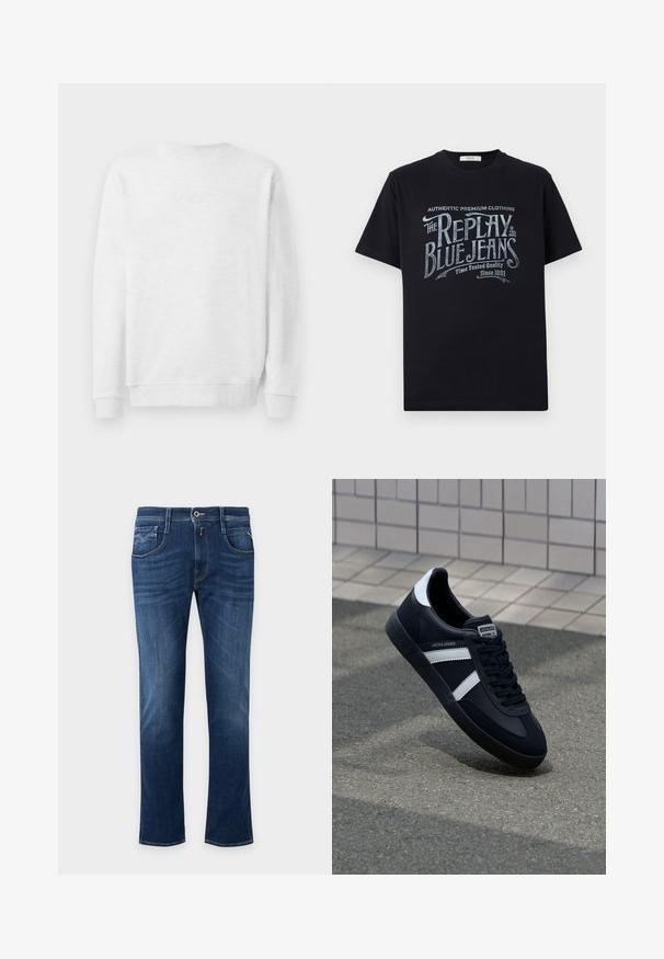 Weißes Sweatshirt mit Rundhalsausschnitt, gerippten Bündchen und Saum. Dezenter gestickter Logo auf der Vorderseite. Glattes Baumwollmischgewebe.; Schwarzes Baumwoll-T-Shirt mit kurzen Ärmeln und rundem Halsausschnitt, mit einem grafischen Textdesign im Vintage-Stil in Weiß und hellblau auf der Vorderseite.; Dunkelblaue Straight-Leg-Jeans mit vorderem Knopf, Reißverschluss und Fünf-Taschen-Design.; Schwarze Leder-Sneaker mit weißen Streifen, strukturiertem Gummisohle und Schnürung. Verfügt über ein Markenetikett auf der Zunge.