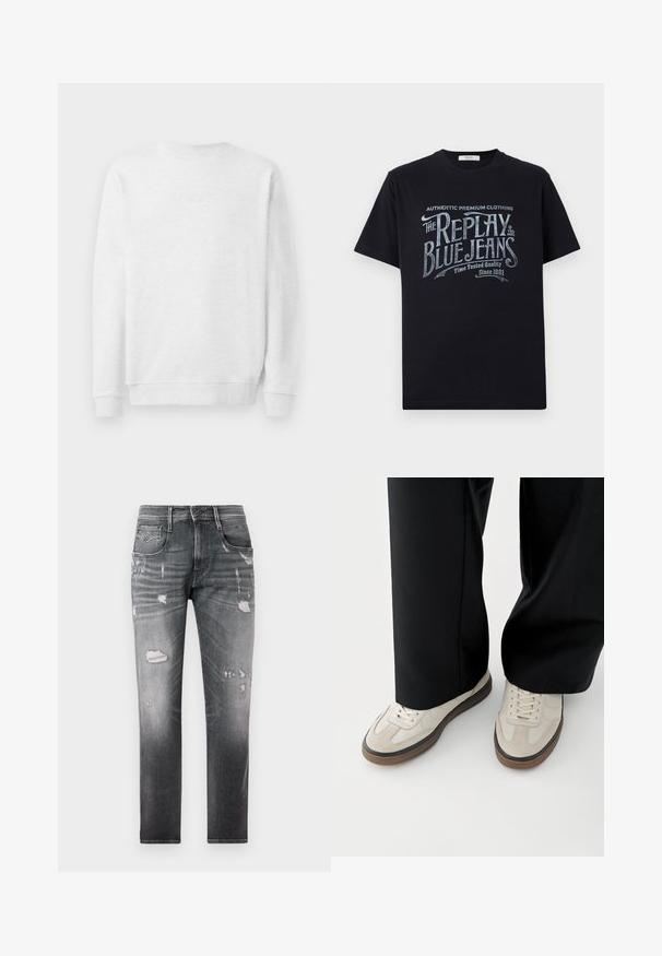 Sweatshirt blanc avec col rond, poignets et ourlet côtelés. Logo brodé subtil à l'avant. Tissu en mélange de coton doux.; T-shirt en coton noir à manches courtes et col rond, ornée d'un design graphique en texte blanc et bleu clair de style vintage sur le devant.; Jean en denim noir décoloré avec des patchs usés. Comprend cinq poches, une fermeture à bouton et une coupe droite.; Pieds portant des baskets beige avec des semelles marron et un pantalon noir à jambes larges sur fond blanc.