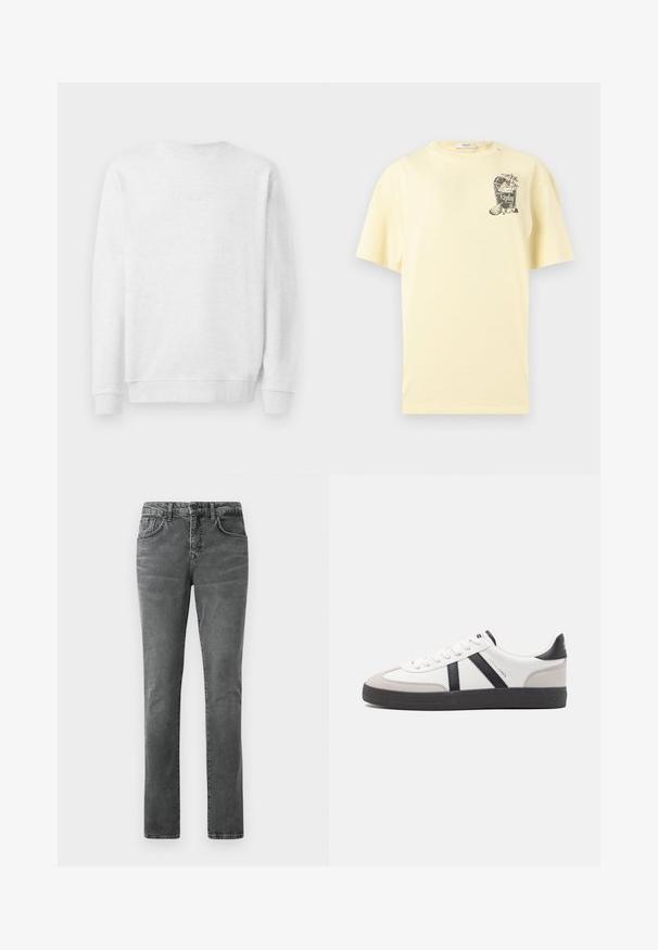 Weißes Sweatshirt mit Rundhalsausschnitt, gerippten Bündchen und Saum. Dezenter gestickter Logo auf der Vorderseite. Glattes Baumwollmischgewebe.; Hellgelbes kurzärmeliges T-Shirt mit einer kleinen Grafik eines Cocktailglases, Zitronenscheiben und dem Text "Replay club 81" auf der Brust.; Graue Jeans aus Denim mit geradem Bein, Fünf-Taschen-Design, dezenter Ausbleichung und Gürtelschlaufen. Keine sichtbaren Logos oder Verzierungen.; Weiße Sneaker mit schwarz- und grau-aczenten, ausgestattet mit einer strukturierten grauen Zehenkappe, schwarzer Gummi-Sohle und flachen weißen Schnürsenkeln. Sauberes Design, minimalistische Stil.