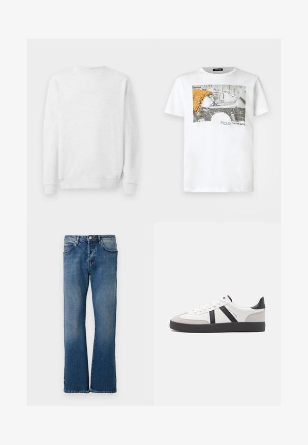 Weißes Sweatshirt mit Rundhalsausschnitt, gerippten Bündchen und Saum. Dezenter gestickter Logo auf der Vorderseite. Glattes Baumwollmischgewebe.; Weißes T-Shirt mit kurzen Ärmeln, bedruckt mit einem schwarz-weißen Motorradmotiv, einem orangefarbenen Leopardenmuster-Stoff und dem Schriftzug "Replay Custom Garage" auf der Vorderseite.; Helle blaue Jeans aus Denim mit geradem Bein, ausgestattet mit fünf Taschen, einem Knopfverschluss und subtilen Ausbleichungen auf dem Stoff.; Weiße Sneaker mit schwarz- und grau-aczenten, ausgestattet mit einer strukturierten grauen Zehenkappe, schwarzer Gummi-Sohle und flachen weißen Schnürsenkeln. Sauberes Design, minimalistische Stil.