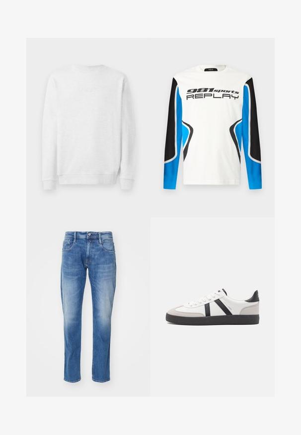Weißes Sweatshirt mit Rundhalsausschnitt, gerippten Bündchen und Saum. Dezenter gestickter Logo auf der Vorderseite. Glattes Baumwollmischgewebe.; Langarm-Sportshirt mit weißer Vorderseite, schwarzen und blauen Ärmeln und dem Aufdruck "981 sports REPLAY" auf der Brust.; Hellblaue Jeans aus Denim mit geradem Bein, fünf Taschen, dezentem Verblassen und einem normalen Bund mit Knopfverschluss.; Weiße Sneaker mit schwarz- und grau-aczenten, ausgestattet mit einer strukturierten grauen Zehenkappe, schwarzer Gummi-Sohle und flachen weißen Schnürsenkeln. Sauberes Design, minimalistische Stil.