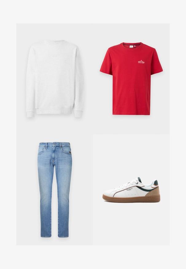 Valge sweat-särk, millel on ümberkaudne kaelus, soonikkoes prossid ja ääred. Ees väike jõhvikateksteema logo. Sile puuvilla segu kangas.; Pepe Jeans THIAGO TEE - Trükipildiga T-särk - rugby red; Heledad sinised teksad sirge jala kujundusega, viie tasku, metallnupu ja õrnade kulumisdetailidega reitel.; Valge madala säärega tennisejalanõu pruunide tallade, roheliste ja beežide detailide, valgete nööride ning küljele trükitud "Pepe Jeans London" logoga.