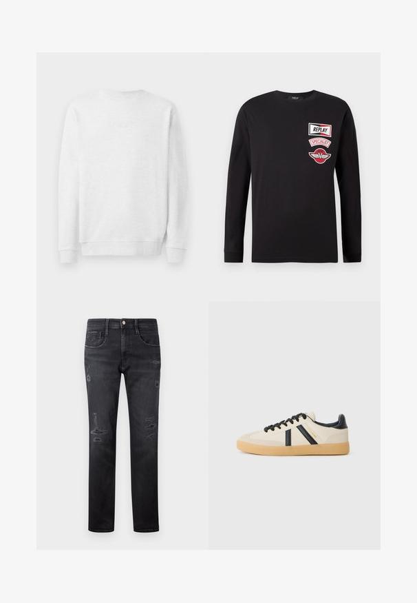 Sweatshirt blanc avec col rond, poignets et ourlet côtelés. Logo brodé subtil à l'avant. Tissu en mélange de coton doux.; Chemise noire à manches longues avec trois patchs rouge et blanc sur la poitrine gauche portant les inscriptions "REPLAY", "SPECIALIST" et un emblème ailé.; Jeans en denim noir à coupe droite, avec des patchs déchirés, cinq poches, un petit bouton en métal et des passants de ceinture à la taille.; Baskets décontractées en crème avec des rayures noires, présentant un dessus texturé et une semelle en caoutchouc. Les lacets sont noirs. Logo discret sur le côté.