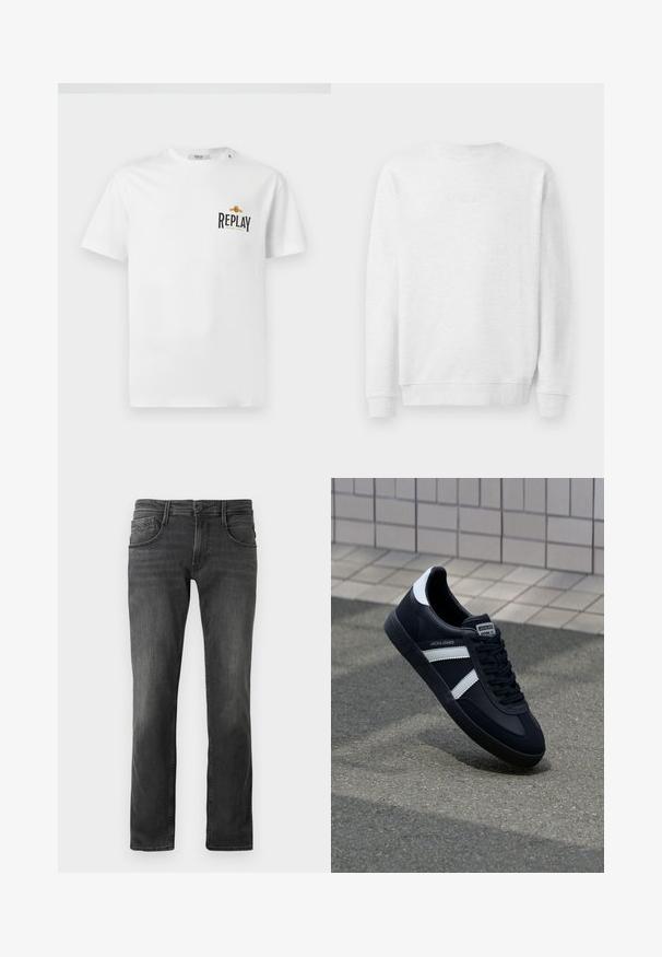 Weißes Sweatshirt mit Rundhalsausschnitt, gerippten Bündchen und Saum. Dezenter gestickter Logo auf der Vorderseite. Glattes Baumwollmischgewebe.; Weißes Baumwoll-T-Shirt mit kurzen Ärmeln, das auf der linken Brust ein schwarzes und goldenes "REPLAY GRAND HOTEL"-Logo zeigt. Einfaches Design, normale Passform.; Dunkelgraue Denim-Jeans mit geradem Beinschnitt, Fünf-Taschen-Design und subtilen Ausbleichungen. Vorderer Knopfverschluss und Gürtelschlaufen.; Schwarze Leder-Sneaker mit weißen Streifen, strukturiertem Gummisohle und Schnürung. Verfügt über ein Markenetikett auf der Zunge.