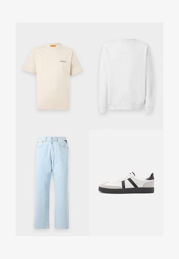Valge sweat-särk, millel on ümberkaudne kaelus, soonikkoes prossid ja ääred. Ees väike jõhvikateksteema logo. Sile puuvilla segu kangas.; Replay Inc. ESSENTIAL LOGO UNISEX - Lihtne T-särk - ivory; Heledsinised teksad sirge säärega disainiga. Omab nupuvärviga ja tõmblukuga sulgemist, viit taskut ja kontrastset õmblust.; Valged tossud mustade ja hallide aktsentidega, tekstureeritud halli varbakattega, musta kummitald ja lamedad valged paelad. Puhtad jooned, minimalistlik stiil.
