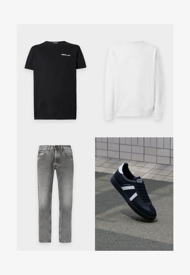 Weißes Sweatshirt mit Rundhalsausschnitt, gerippten Bündchen und Saum. Dezenter gestickter Logo auf der Vorderseite. Glattes Baumwollmischgewebe.; Schwarzes Baumwoll-T-Shirt mit kurzen Ärmeln und Rundhalsausschnitt, mit einem weißen "REPLAY"-Logo auf der linken Brustseite. Glatte Textur.; Graue Jeans aus Denim mit geradem Bein, einem ausgewaschenen Finish, fünf Taschen, Gürtelschlaufen und kontrastierenden Steppnähten.; Schwarze Leder-Sneaker mit weißen Streifen, strukturiertem Gummisohle und Schnürung. Verfügt über ein Markenetikett auf der Zunge.