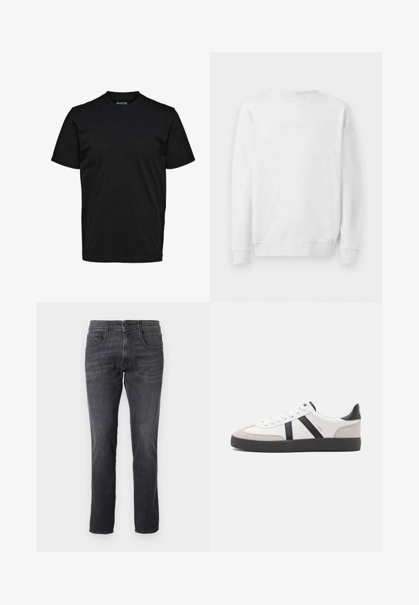 Weißes Sweatshirt mit Rundhalsausschnitt, gerippten Bündchen und Saum. Dezenter gestickter Logo auf der Vorderseite. Glattes Baumwollmischgewebe.; Schwarzes, schlichtes T-Shirt mit kurzen Ärmeln, Rundhalsausschnitt und regulärer Passform ohne sichtbare Muster oder Logos.; Dunkelgraue Jeans aus Denim, mit einem klassischen Fünf-Taschen-Design, geradem Schnitt und Metallknopfverschluss an der Taille.; Weiße Sneaker mit schwarz- und grau-aczenten, ausgestattet mit einer strukturierten grauen Zehenkappe, schwarzer Gummi-Sohle und flachen weißen Schnürsenkeln. Sauberes Design, minimalistische Stil.
