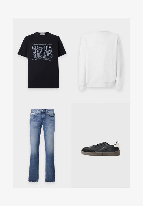 Weißes Sweatshirt mit Rundhalsausschnitt, gerippten Bündchen und Saum. Dezenter gestickter Logo auf der Vorderseite. Glattes Baumwollmischgewebe.; Schwarzes Baumwoll-T-Shirt mit kurzen Ärmeln und rundem Halsausschnitt, mit einem grafischen Textdesign im Vintage-Stil in Weiß und hellblau auf der Vorderseite.; Helle Blaujeans aus Denim mit einem ausgestellten Bein-Design, das fünf Taschen, einen Knopfverschluss vorne und dezente Verblassungen aufweist.; Replay POLYS SCENT - Sneaker low - black/off white