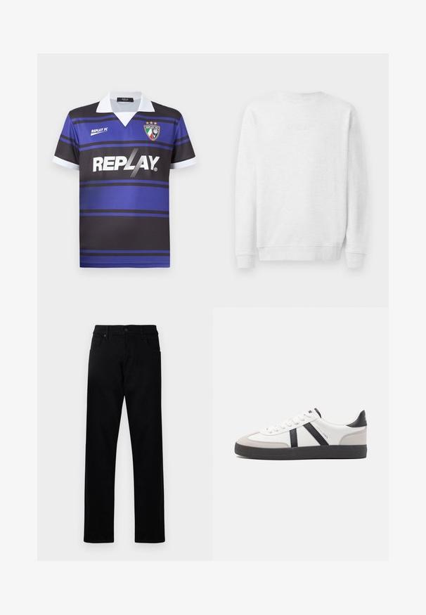 Biely sveter s crew neckom, rebrovanými manžetami a lemom. Diskrétny vyšívaný logotyp na prednej strane. Hladká textília z bavlneného zmesi.; Čierny a modrý futbalový dres s horizontálnymi pruhmi, bielym golierom a logom "REPLAY". Obsahuje emblém s erbom a hviezdami nad ním.; Čierne denimové nohavice s rovnými nohavicami. Vlastnosti zahŕňajú dve predné vrecká, zapínanie na gombík a čistý, hladký povrch.; Biele tenisky s čiernymi a šedými akcentmi, s textúrovanou šedou špičkou, čiernou gumovou podrážkou a plochými bielymi šnúrkami. Čistý dizajn, minimalistický štýl.