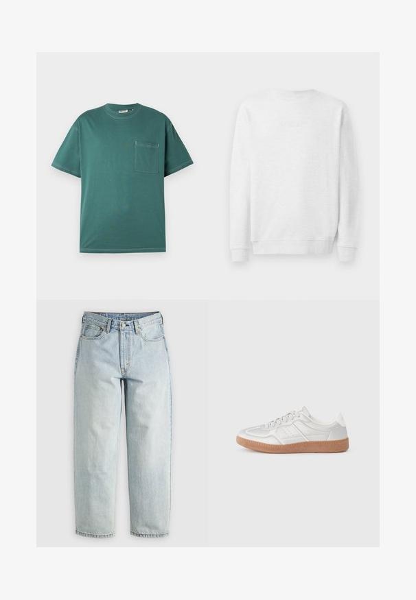 Witte sweatshirt met ronde hals, geribde mouwen en onderrand. Subtiel geborduurd logo op de voorkant. Gladde katoenmix stof.; Tegengestelde kleur teal T-shirt met korte mouwen, witte stiksels en een borstzak aan de linkerkant, tentoongesteld tegen een eenvoudige witte achtergrond.; Lichtblauwe denim jeans met een rechtBeen, vijf zakken en een knoopsluiting; heeft vervaagde gebieden en subtiele stikdetails.; Zilveren sneakers met een gladde textuur, vetersluiting, geperforeerde accenten en een gestructureerde bruine rubberen zool.