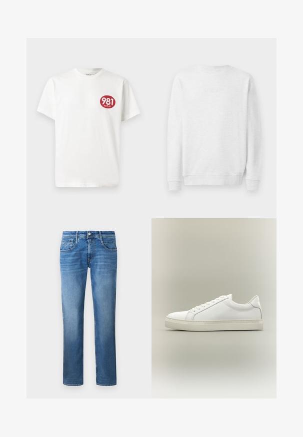 Sweatshirt blanc avec col rond, poignets et ourlet côtelés. Logo brodé subtil à l'avant. Tissu en mélange de coton doux.; T-shirt en coton blanc avec un logo rouge rond sur la poitrine gauche portant le texte "981 REPLAY". Manches courtes et coupe standard.; Jean en denim bleu avec une coupe droite, comportant cinq poches, un bouton à l'avant et des détails de couture visibles sur tout le tissu.; Vagabond PAUL 2.0 - Baskets basses - white