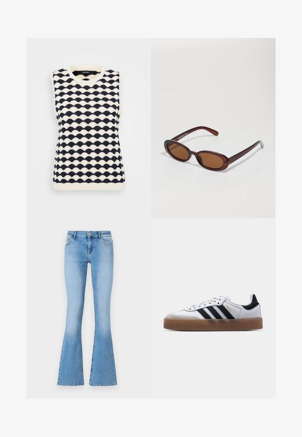 Marineblauw en roomkleurige mouwloze gebreide trui met een golfpatroon, V-hals en ribgebreide zoom. Gemaakt van een zachte, gestructureerde stof.; Lichtblauwe uitlopende jeans van denim met een middellange taille, voorzien van zijzakken en stiksels langs de naden en zoom.; Witte leren sneakers met zwarte strepen, gumrubberen buitenzool, ronde neus, vetersluiting en een zachte grijze suède neuskap.; Ronde, bruin getinte zonnebril met een glanzend bordeauxrood frame. Slanke pootjes met subtiele merkdetails. Vlakke lensontwerp.