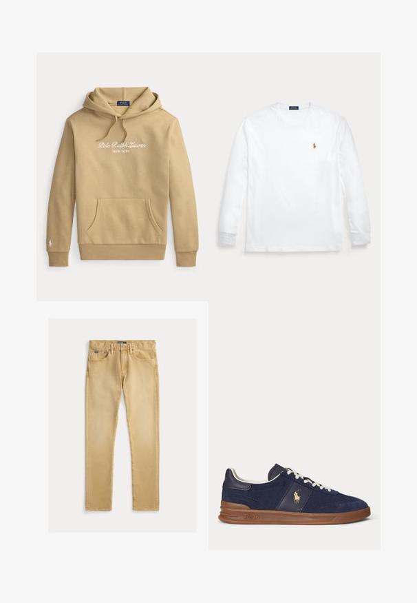 Μπεζ φούτερ Polo Ralph Lauren με κουκούλα, εμπρόσθια τσέπη, κορδόνι στην κουκούλα και λευκό κεντημένο λογότυπο στο στήθος και στο μανίκι.; Λευκό μακρυμάνικο μπλουζάκι με στρογγυλή λαιμόκοψη και μικρό κεντημένο λογότυπο Polo Ralph Lauren στο αριστερό στήθος.; Μπεζ βαμβακερά τζιν παντελόνια με στενή γραμμή, σχέδιο πέντε τσεπών και ορατές ραφές. Διαθέτει μεταλλικό κουμπί και ετικέτα στη μέση.; Σκούρο μπλε χαμηλό sneaker με άσπρα κορδόνια, καφέ σόλα και λογότυπο παίκτη πόλο στο πλάι, σε θέαση από αριστερά.