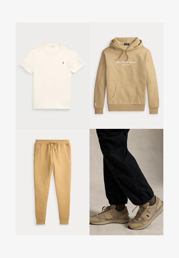 Beež Polo Ralph Lauren kapuutsiga dressipluus ees tasku, kapuutsi nöör ja valge tikandiga logotekst rinnal ja varrukal.; Kreemi värvi puuvillane T-särk, millel on ümar kaelus ja lühikesed varrukad. Esitleb vasakul rinnal väikest sinist tikandiga logo.; Beezid jooksupüksid tõmbluku pihta, küljetaskud, ribilised mansetid ja väike valge logo paremal reitel.; Inimene, kes kannab beeže paeltega tossusid musta logoga, oliivrohelisi sokke ja musti pükse elastsete mansettidega, seisab neutraalsel põrandal.