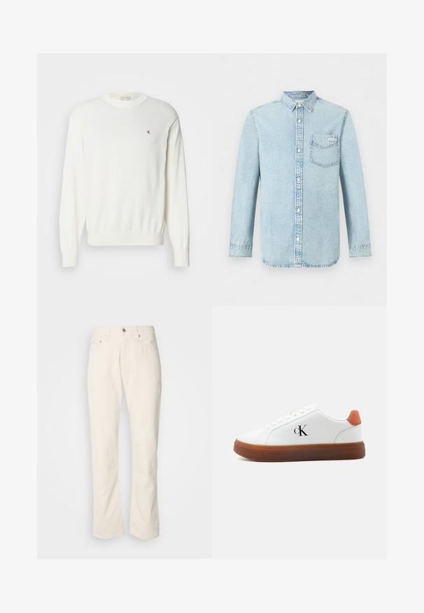 Suéter blanco de punto con mangas largas, puños y dobladillo acanalados, con un pequeño logo rojo en el pecho. Textura suave, cuello redondo.; Camisa de mezclilla azul claro de manga larga con apertura de botones en la parte delantera, un bolsillo en el pecho con el logo de Calvin Klein y cuello puntiagudo.; Jeans de algodón color beige con un diseño clásico de pierna recta, que cuentan con un cierre frontal de botón, cinco bolsillos y detalles de costura sutiles.; Zapatilla blanca de corte bajo con suela marrón, lengüeta naranja en el talón, cordones y logo "cK" en el lateral.