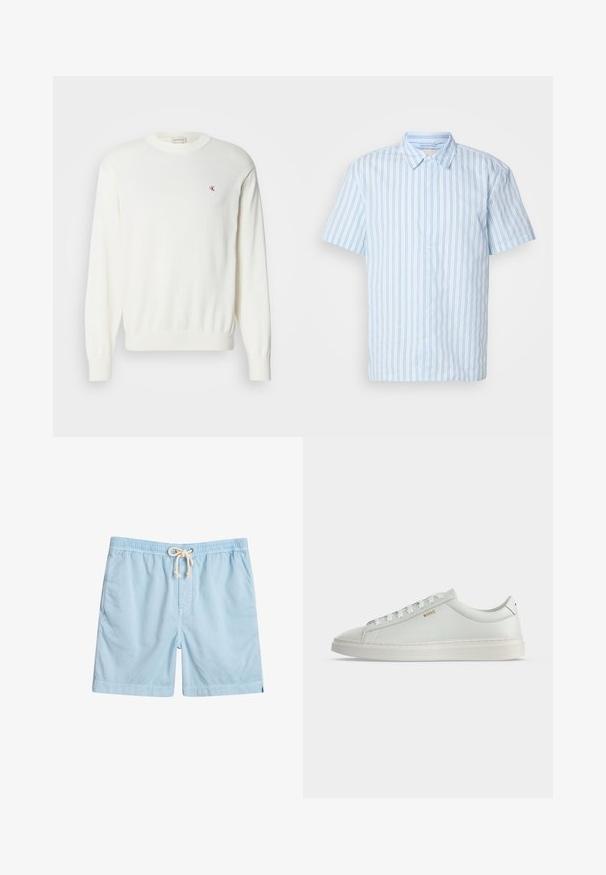 Witte gebreide trui met lange mouwen, geribbelde manchetten en zoom, met een klein rood logo op de borst. Zachte textuur, ronde halslijn.; Korte mouwen overhemd met knoopsluiting in lichtblauwe stof met verticale strepen. Heeft een puntige kraag en witte knopen aan de voorkant.; Lichtblauwe zwemshorts van zachte stof, voorzien van een elastische tailleband, zijzakken en een trekkoord voor verstelbaarheid.; Witte lage leren sneaker met veters, platte zool en klein gouden "BOSS" logo aan de zijkant, gezien vanaf de buitenkant.