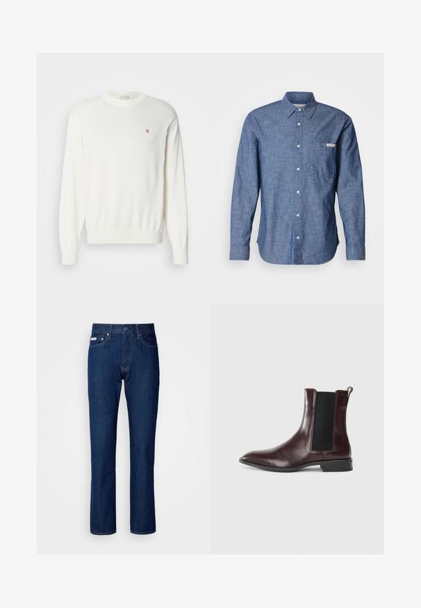Hvid strikket sweater med lange ærmer, ribbede manchetter og kant, med et lille rødt logo på brystet. Blød tekstur, rund halsudskæring.; Blå langærmet skjorte med knapper i et let, tekstureret stof. Har en lomme på venstre bryst og en lille logomærkat. Knapperne er lyse.; Mørkeblå denim jeans med lige ben sammen design, der har lynlås og knaplukning, fem lommer og subtile stikninger.; Brune læder Chelsea-støvle med elastiske sidepaneler, spids tå og en glat overflade. Sort sål og diskret syning.