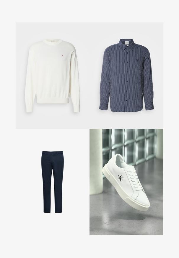 Suéter blanco de punto con mangas largas, puños y dobladillo acanalados, con un pequeño logo rojo en el pecho. Textura suave, cuello redondo.; Camisa de botones azul marino con rayas verticales blancas, de mangas largas, cuello puntiagudo y logo bordado en el pecho.; Pantalones chinos azul marino con textura suave, corte ajustado, trabillas para cinturón, bolsillos frontales y cierre con botón. Diseño limpio y detalles mínimos.; Zapatilla blanca Calvin Klein con cordones, mostrada flotando sobre un suelo de cemento pulido y un fondo de pared de bloques de vidrio.