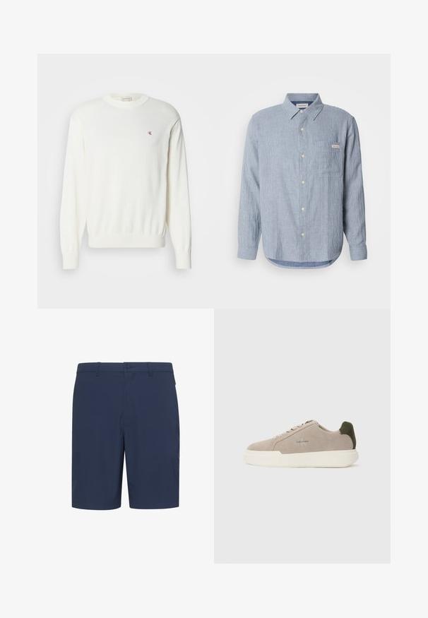 Pull en tricot blanc à manches longues, avec des bords côtelés aux poignets et à l'ourlet, comportant un petit logo rouge sur la poitrine. Texture douce, col rond.; Chemise boutonnée rayée bleu clair, en tissu coton, à manches longues, col pointu, poche poitrine unique et détail de logo.; Shorts bleu marine en tissu léger, dotés d'un devant plat, de passants pour ceinture et d'une fermeture à bouton, adaptés à une tenue décontractée.; Baskets en suède beige avec une semelle en caoutchouc blanche, présentant un accent de talon vert foncé et une branding subtile sur le côté.
