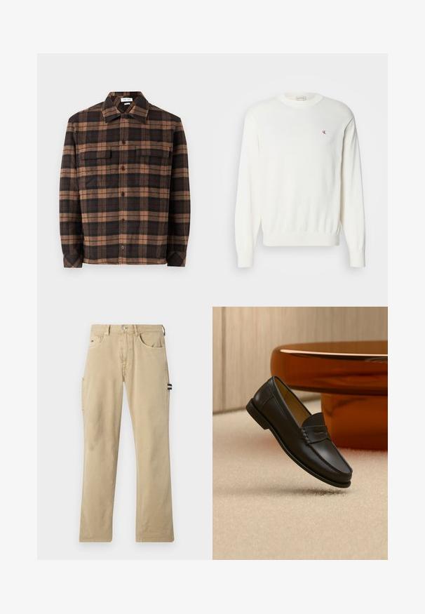 Biely pletený sveter s dlhými rukávmi, ribovanými manžetami a lemom, so malým červeným logom na hrudi. Mäkka textúra, okrúhly výstrih.; Hnedá a čierna károvaná flanelová košeľa s gombíkovým zapínaním, dvoma náprsními vreckami a golierom. Mäkkučká textúra a uvoľnený strih.; Béžové bavlnené nohavice so strihom rovného pásu, ktoré majú dve predné vrecká, bočné cargo vrecko a malú značkovú nášivku na páse.; Čierny kožený mokasín zavesený nad béžovým kobercom s moderným nábytkom farby jantáru v pozadí.