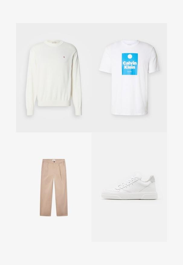 Witte gebreide trui met lange mouwen, geribbelde manchetten en zoom, met een klein rood logo op de borst. Zachte textuur, ronde halslijn.; Wit T-shirt met korte mouwen en een blauw rechthoekig ontwerp met een witte cirkel en de tekst "Calvin Klein" in dikke witte letters.; Khaki broek van katoen met een recht gesneden ontwerp, voorzien van twee zijzakken, een knoopsluiting en een klassieke pasvorm.; Witte leren sneakers met een gladde afwerking, ronde neus, platte veters en een gestructureerde zool. Grijze suède accent bij de hiel.