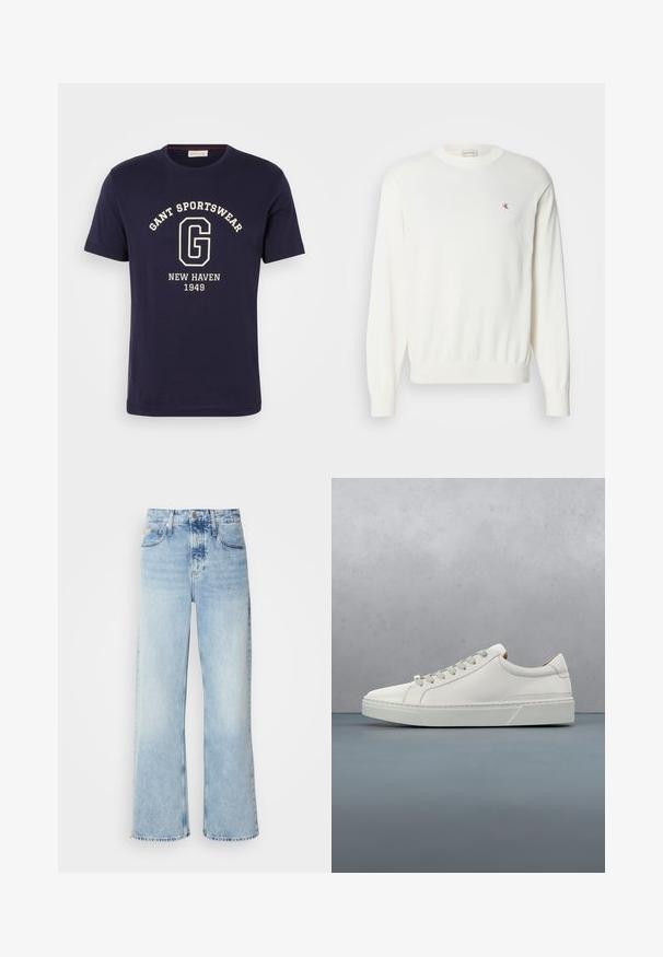 Weißer Strickpullover mit langen Ärmeln, gerippten Bündchen und Saum, mit einem kleinen roten Logo auf der Brust. Weicher Stoff, Rundhalsausschnitt.; Navy Baumwoll-T-Shirt mit einem weißen Grafikdruck, auf dem "GANT SPORTSWEAR", "NEW HAVEN" und "1949" steht. Rundhalsausschnitt und kurze Ärmel.; Helle blaue weite Jeans mit hoher Taille, in verwaschenem Finish, mit Gürtelschlaufen und klassischem Fünf-Taschen-Design. Der Saum ist ungesäumt.; Weißes Leder-Sneaker mit abgerundetem Zehenbereich, minimalistisches Design, graue Schnürsenkel und einer strukturierten grauen Gummisohle. Dezente Nähte sichtbar.