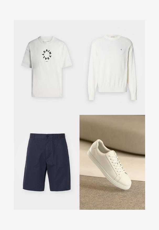 Hvid strikket sweater med lange ærmer, ribbede manchetter og kant, med et lille rødt logo på brystet. Blød tekstur, rund halsudskæring.; Hvid T-shirt med korte ærmer og rund halsudskæring med sort cirkulær tekst, der staver "SAINT LAINT" og "LONDON" under cirklen.; Mørkeblå shorts lavet af letvægtsstof med knaplukning, sidelommer, lige snit og synlige stikninger.; Hvide lædersneakers med hvide snørebånd, præsenteret på en beige tekstureret overflade og med en blødt uskarp baggrund.