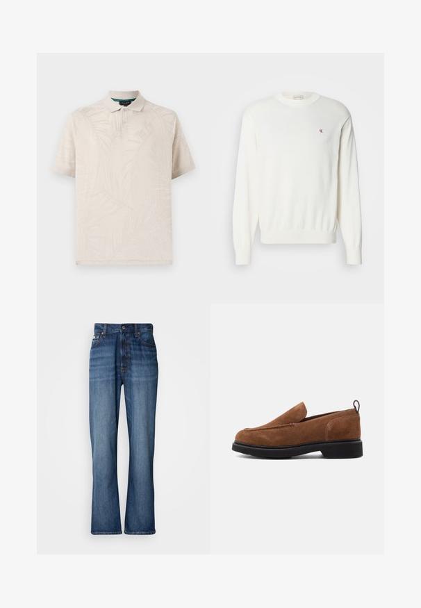 Weißer Strickpullover mit langen Ärmeln, gerippten Bündchen und Saum, mit einem kleinen roten Logo auf der Brust. Weicher Stoff, Rundhalsausschnitt.; Beige Poloshirt aus strukturiertem Stoff mit einem subtilen Palmblättermuster. Es hat einen klassischen Kragen und zwei Knöpfe am Hals.; Blaue Jeans aus Denim mit hoher Taille, ausgestellten Beinen, Fünf-Pocket-Design und tonalem Nähen. Mit Knopfverschluss und genieteten Taschen.; Braune Wildleder-Slipper mit runder Zehenpartie, schwarzer Gummisohle und einem kleinen Absatz. Verfügt über eine dekorative Naht auf dem Obermaterial.