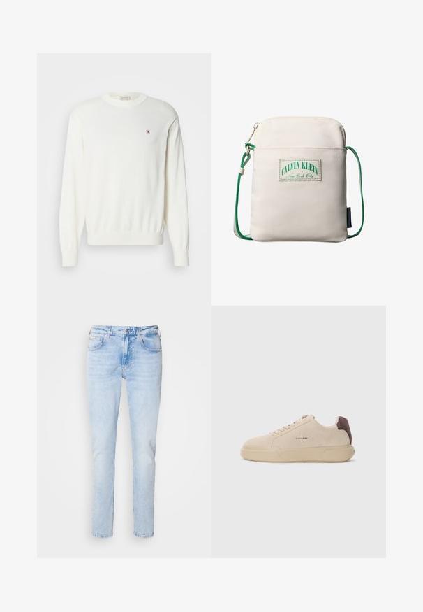 Valge kudumiga sviiter pikkade varrukatega, ribatud mansettide ja hemiga, millel on rindkeres väike punane logo. Pehme tekstuur, ümmargune kaelus.; Heled sinine denim teksad, sirge sääre lõikega, mis on kerge kulumisega, viie taskuga, nööpklambriga ja peente õmblusdetailidega.; Beige nabukist kingad ümmarguse nina, paeltega esiosas ja pruuni nabukist aktsendiga kanna osas. Omab tekstuuriga kummist tallat.; Väike beež õlakott rohelist reguleeritavat nööri rihmaga, esiküljel luku- tasku ja Calvin Kleini New York City logo plaastriga.