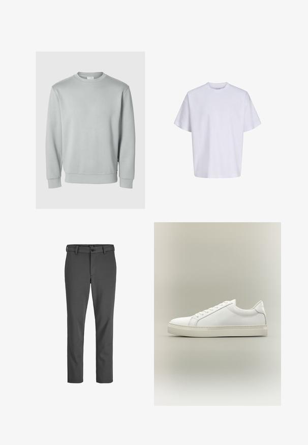 Sweatshirt gris clair avec un col rond, des manches longues, des poignets et un ourlet à côtes, fabriqué dans un tissu lisse et doux. Pas de logos visibles.; T-shirt blanc uni oversize à manches courtes, col rond et coupe ample sur fond blanc.; Pantalons gris ajustés en tissu lisse, dotés d'une fermeture à bouton et de passants de ceinture, avec une coupe droite et sans motifs visibles.; Baskets blanches basses à lacets sur l’avant et semelle épaisse, vues de côté sur un fond neutre.