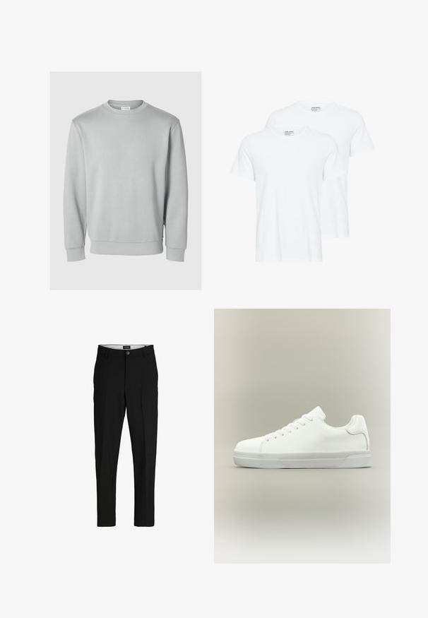 Hele hall sweatshirt ümmarguse kaelusega, pikkade varrukatega, soonikute ja helmega, valmistatud siledast ja pehmest kangast. Pole nähtavaid logo.; Kaks tavalist valget lühikese varrukaga ümara kaelusega T-särki, mis kattuvad valgel taustal.; Mustadest siledast kangast püksid, millel on kohandatud disain, sirged sääred, kaks eesmist taskut ja ühekrooniline sulgemine.; Valged madalad spordijalatsid eespaela kinnitusega, pehmendatud kraega ja tekstureeritud kummist tallaga, näidatud küljeprofiilil neutraalsel taustal.