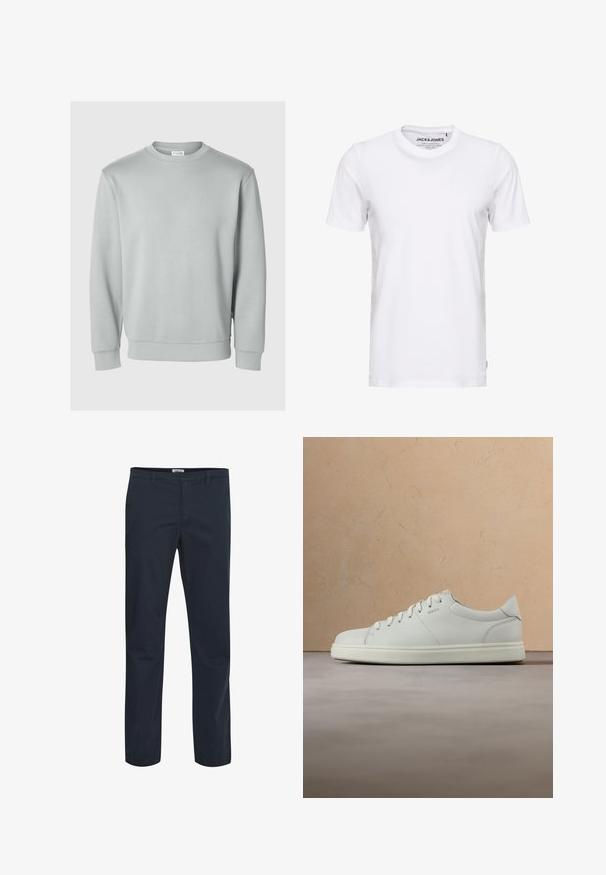 Lys grå sweatshirt med rund halsudskæring, lange ærmer, ribbede manchetter og kant, fremstillet af et glat, blødt stof. Ingen synlige logoer.; Hvid t-shirt med korte ærmer lavet af bomuld, med en rund hals og et enkelt design. Brandtag synlig på halsområdet. Ingen mønstre eller accenter.; Mørkeblå bukser lavet af en blanding af bomuldsstof. Har et klassisk design med forlommer og lynlås. Glat tekstur.; Hvid lædersneaker med en glat tekstur, rund snude og flade snørebånd. Har et diskret logo og en letvægts sål.