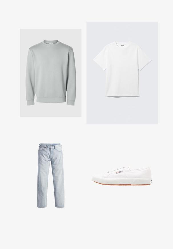 Helles graues Sweatshirt mit Rundhals, langen Ärmeln, gerippten Bündchen und Saum, hergestellt aus einem glatten, weichen Stoff. Keine sichtbaren Logos.; Weißes T-Shirt mit kurzen Ärmeln und Rundhalsausschnitt, flach liegend, schlichtes Design, mit „WEEKDAY“-Etikett innen im Kragen auf hellem Hintergrund.; Hellblaue Denim-Jeans mit geradem Bein, Knopfleiste, fünf Taschen und subtilen Verwaschungen. Mit metallischen Hardware-Details ausgestattet.; Weiße Leinensneaker mit Gummisohle, Schnürdesign und einem kleinen Logolabel an der Seite. Strukturierte weiße Oberseite und braune Außensohle.