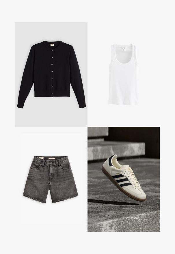 Schwarze Strickjacke mit Rundhalsausschnitt, langen Ärmeln und knopflosem Vorderverschluss. Hergestellt aus weichem Stoff mit dezenten gerippten Bündchen und Saum.; Weißes Tanktop aus geripptem Baumwollstoff, mit einem Rundhalsausschnitt und breiten Trägern, ohne sichtbare Muster oder Akzente.; Schwarze Denim-Shorts mit hoher Taille, zwei Vordertaschen und Knopfverschluss. Mit einer verblassten Textur und einem sauberen Saum.; Weißer Adidas Samba Sneaker mit schwarzen Streifen und Gummisohle, schwebend über strukturierten grauen Betontreppen.