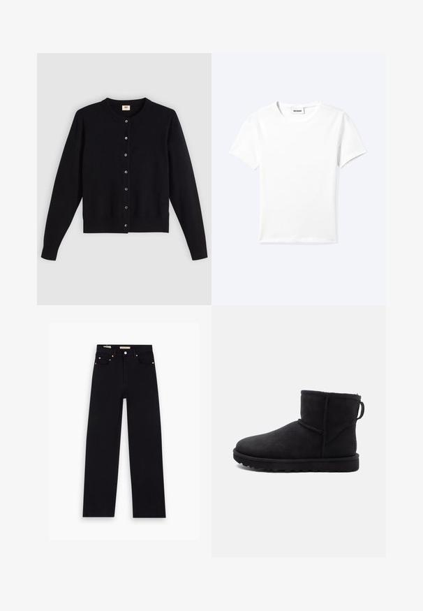 Zwarte cardigan met een ronde hals, lange mouwen en knoopsluiting aan de voorkant. Gemaakt van zacht materiaal met subtiele ribbels aan de mouwen en onderkant.; Effen wit T-shirt met korte mouwen en ronde hals met een klein "WEEKDAY" label aan de binnenkant van de hals, plat neergelegd op een lichte achtergrond.; Zwarte denim jeans met een recht model, vijf zakken, koperen hardware en een gladde textuur. Twee labels zichtbaar op de tailleband.; Zwarte suède enkellaars met een ronde neus, een shearling voering en een platte rubberen zool. Heeft een zijnaad en een lus aan de achterkant.