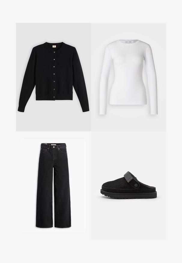 Cardigan noir avec un col rond, des manches longues et une fermeture à boutons sur le devant. Fabriqué en tissu doux avec des poignets et un ourlet côtelés subtils.; Chemise blanche à manches longues en tissu côtelé, avec un col rond et une coupe cintrée. Aucun motif ni accent présent.; Jean noir à jambe large en denim, comportant cinq poches, des rivets en laiton et une fermeture à bouton classique. Texture lisse avec un design épuré.; Sabots en suède noir sans lacets avec un bout rond, une texture douce, une sangle ajustable et une épaisse semelle en caoutchouc avec un motif pour une meilleure adhérence.