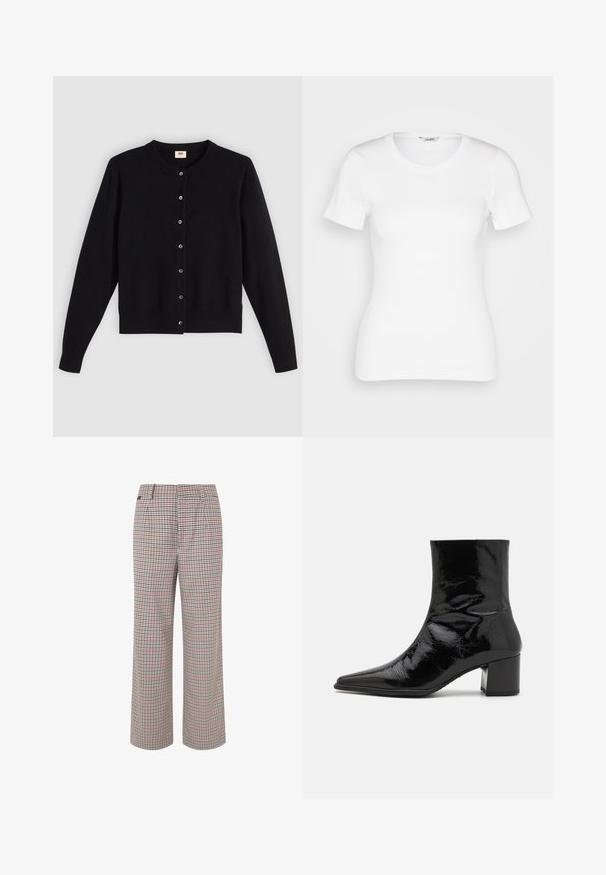 Sort cardigan med rund hals, lange ærmer og frontknaplukning. Lavet af blødt stof med diskrete ribbede manchetter og kant.; Hvid bomulds T-shirt med korte ærmer, rund halsudskæring og ribbet tekstur. Tætsiddende design med en glat, ren finish.; Tjekkede bukser i beige, rød og marineblå. Bred ben-design med skræddersyet talje og plisseringer, der har en tekstureret stoffinish.; Sort patenteret læder ankelstøvle med spids tå, struktureret overdel og en kraftig hæl. Har en glat, skinnende overflade.