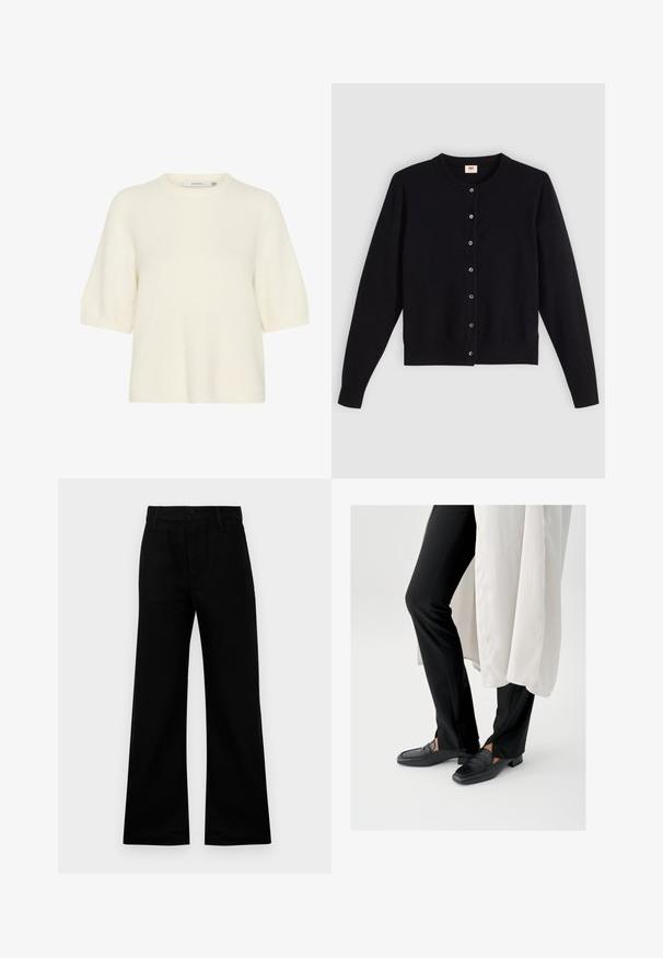 Sort cardigan med rund hals, lange ærmer og frontknaplukning. Lavet af blødt stof med diskrete ribbede manchetter og kant.; Kortærmet sweater med rund hals lavet af blødt, fluffy materiale i off-white. Har en afslappet pasform med ribbede cuffs og kant.; Sorte bredbenede bukser lavet af glat stof med høj talje, prydet med knaplukning og bæltestropper, der tilbyder en struktureret pasform.; Sorte lædermokkasiner med firkantet tå og lav blokhæl, kombineret med sorte tætsiddende bukser og et flydende hvidt lag udenpå.
