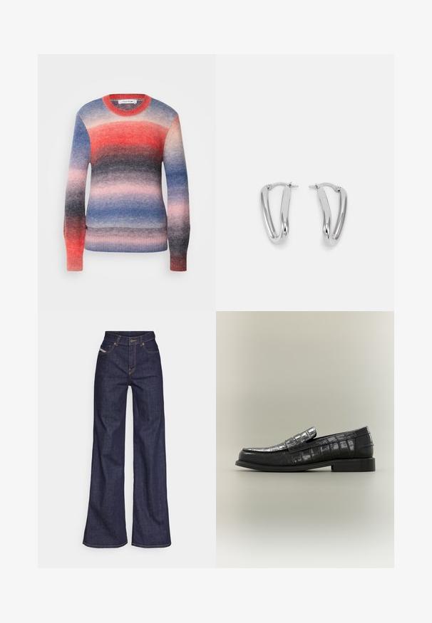 Lacoste Trui - multicolore; Donkerblauwe wijde jeans van denimstof met een hoge taille, voorzien van oranje stiksels, een vijf-pocket ontwerp en een knoopsluiting.; Zwarte lakleren loafer met krokodillenpatroon, platte zool en een decoratieve band over de wreef. Gladde textuur en slank ontwerp.; BOSS EARRINGS - Oorbellen - silver-coloured