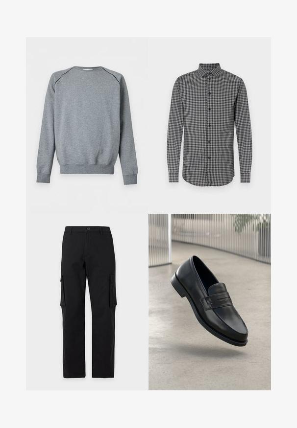 Sweat-shirt gris uni à manches longues avec poignets et ourlet côtelés, présentant un fin passepoil noir le long des coutures d'épaule.; Chemise à manches longues à carreaux noirs et blancs avec un col boutonné, offrant une coupe régulière et une fermeture à boutons sur le devant. Tissu texturé.; Pantalon cargo noir à jambe droite avec fermeture par bouton et zip, passants pour ceinture et poches à rabat sur les deux cuisses.; Mocassin en cuir noir à texture lisse, bout pointu et bande décorative sur le cou-de-pied. Semelle légère, design minimaliste.